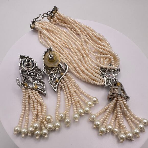 Indian white gold plated cubic zirconia glass pearl bracelet earrings set - Picture 6 of 8